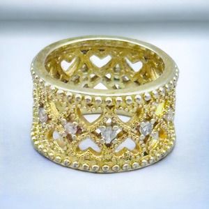 Milgrain Gold-Tone and CZ Ring Wedding Band Hearts 7.25